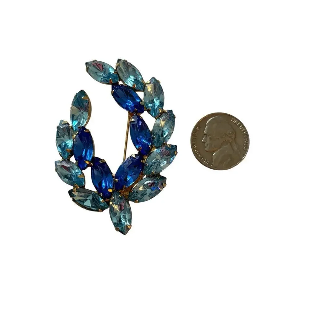 JULIANA D&E Aqua Deep Blue Glass Baguette Rhinestones Leaf Brooch Pin Vintage